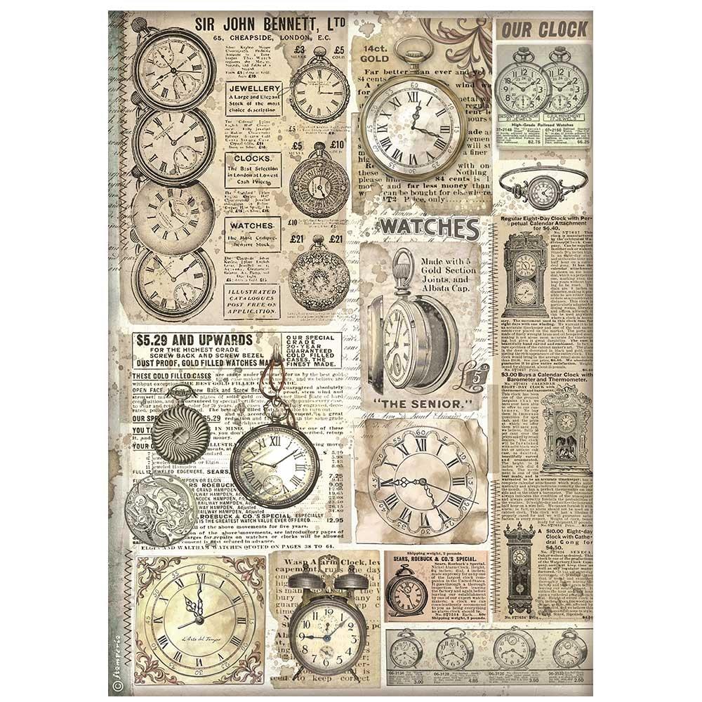 Stamperia Rice Paper Sheet A4 - Brocante Antiques Clocks