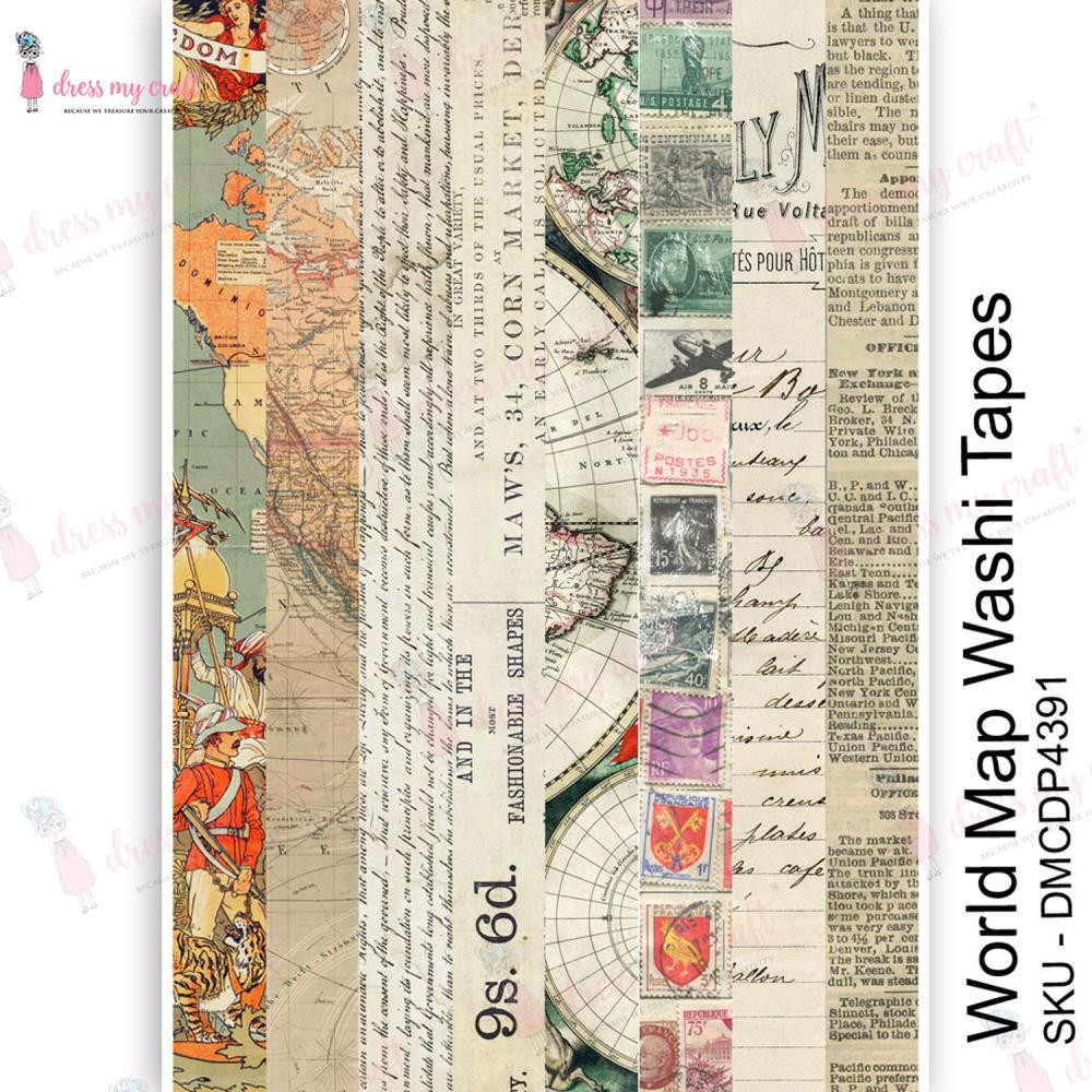 Dress My Craft Transfer Me Sheet A4 - World Map Washi Tapes