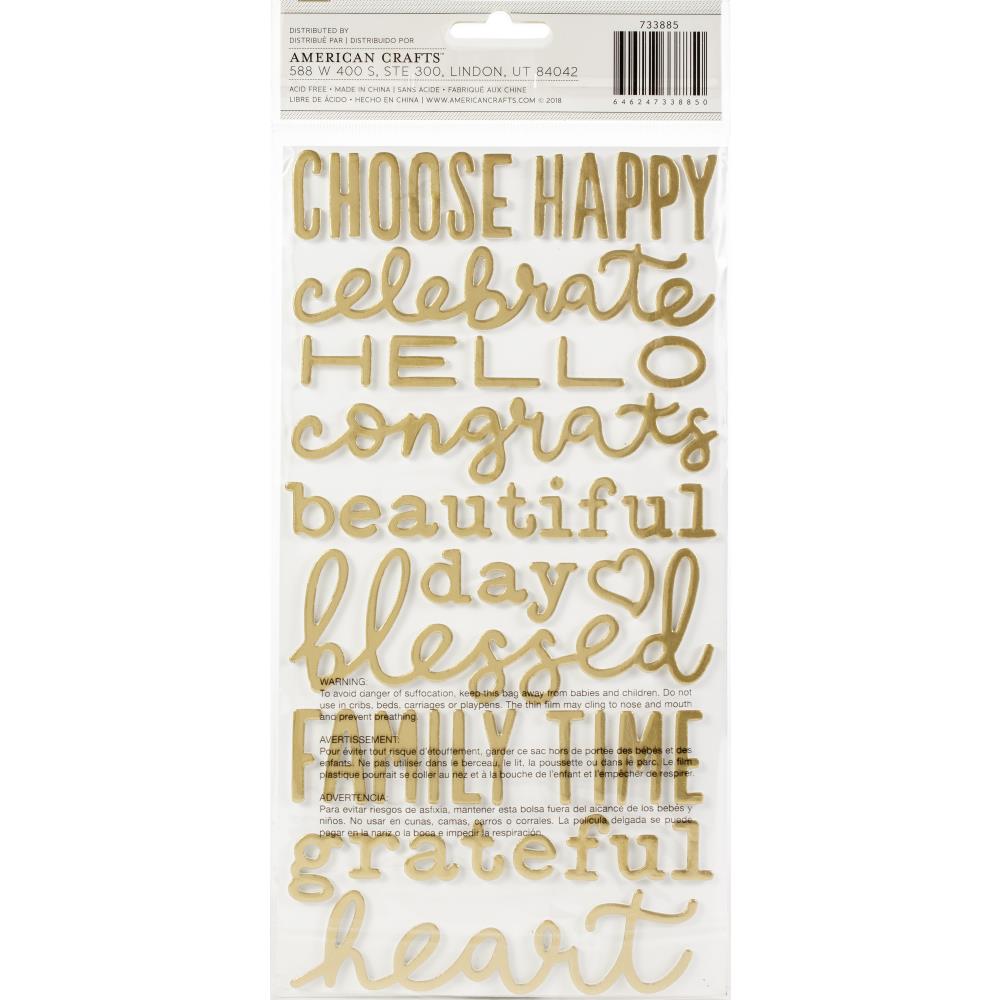 American Crafts Foam Phrases Stickers - Gold Foil