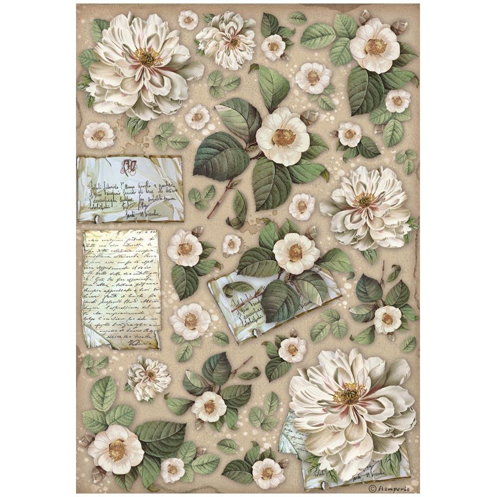 Stamperia Rice Paper Sheet A4 - Vintage Library Flowers & Letters