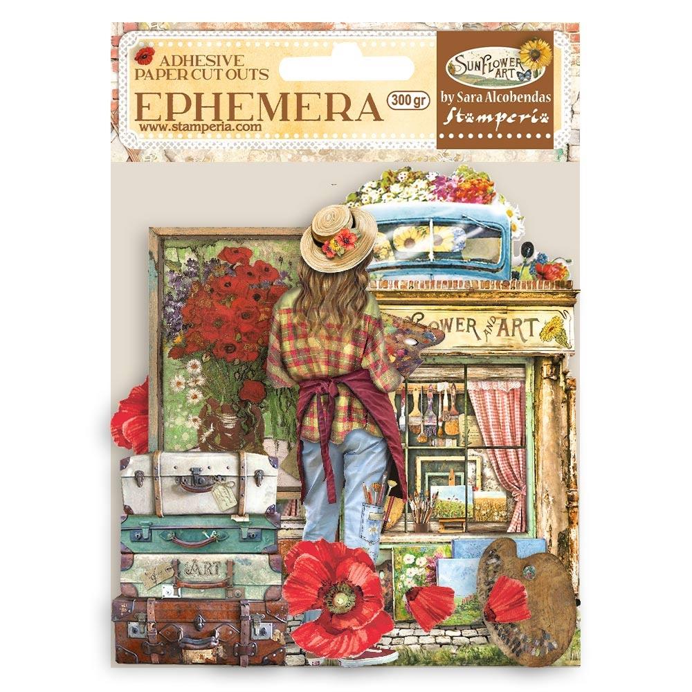 Stamperia Cardstock Ephemera Adhesive Paper Cut Outs - Sunflower Art Elements And Poppies