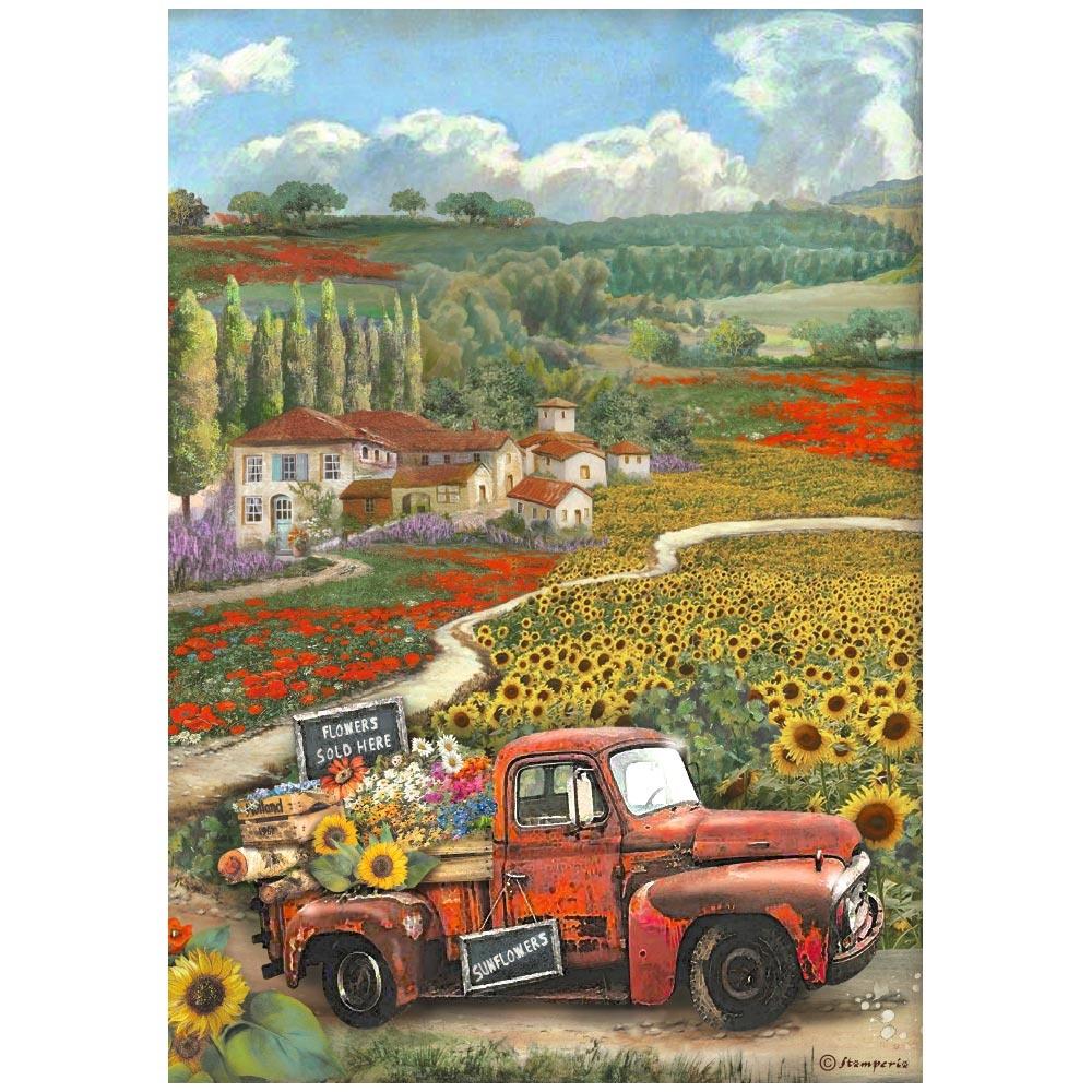 Stamperia Rice Paper Sheet A4 - Sunflower Art Vintage Car