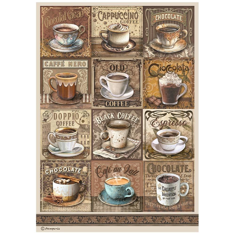Stamperia Rice Paper Sheet A4 - Coffee And Chocolate Tags With Cups