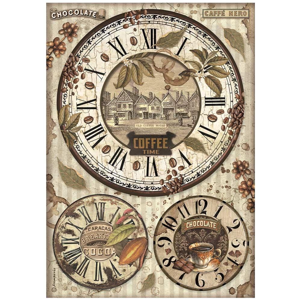 Stamperia Rice Paper Sheet A4 - Coffee And Chocolate Clocks