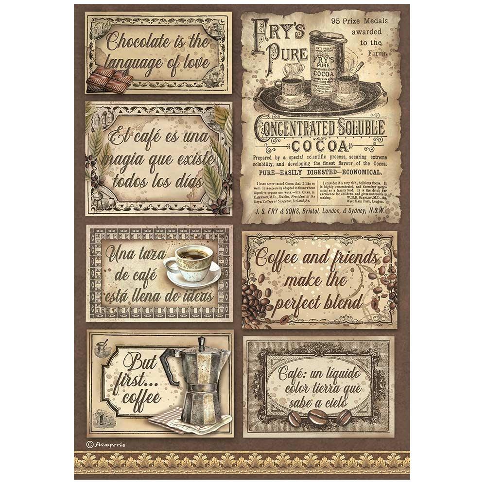Stamperia Rice Paper Sheet A4 - Coffee And Chocolate labels