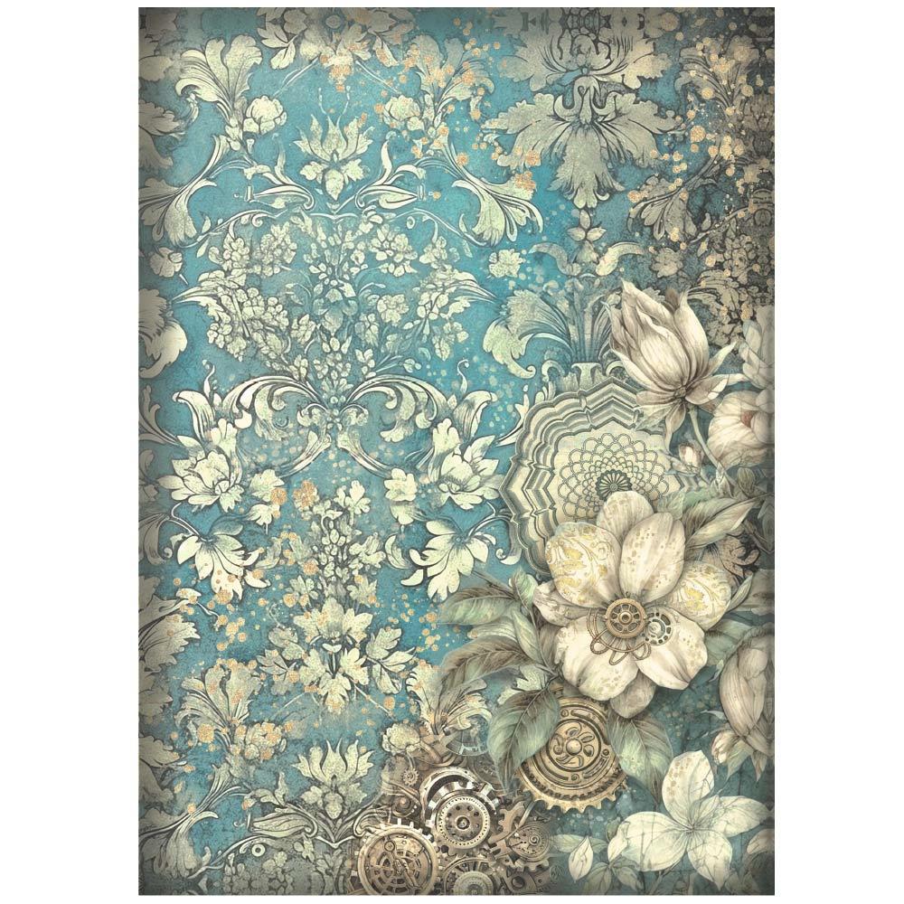 Stamperia Rice Paper Sheet A4 - Sir Vagabond In Fantasy World Mechanical White Flowers
