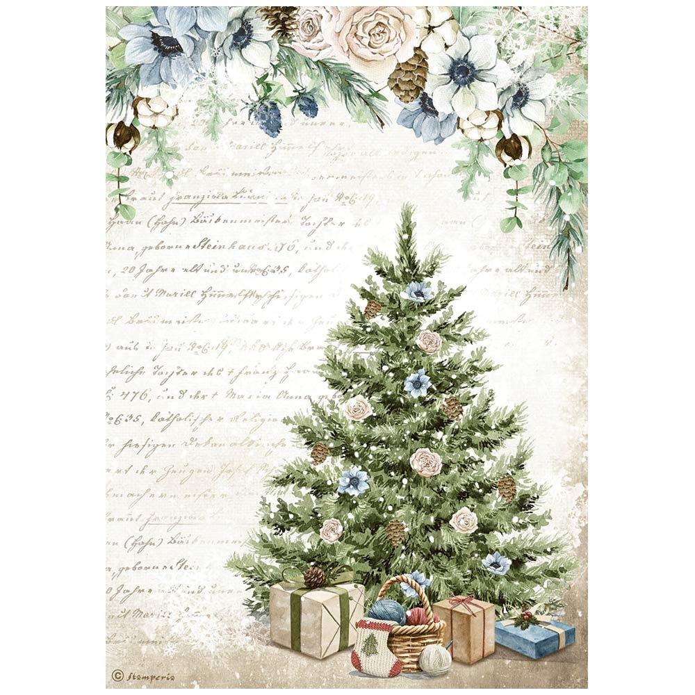 Stamperia Rice Paper Sheet A4 - Blue Tree - Cozy Winter