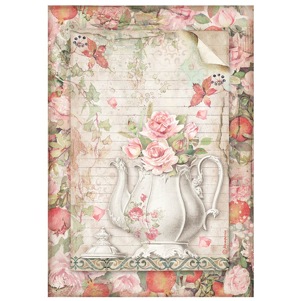 Stamperia Rice Paper Sheet A4 - Casa Granada Teapot With Flowers