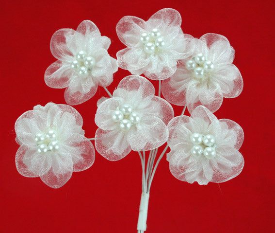 Organza Pearl Flowers 3cm White
