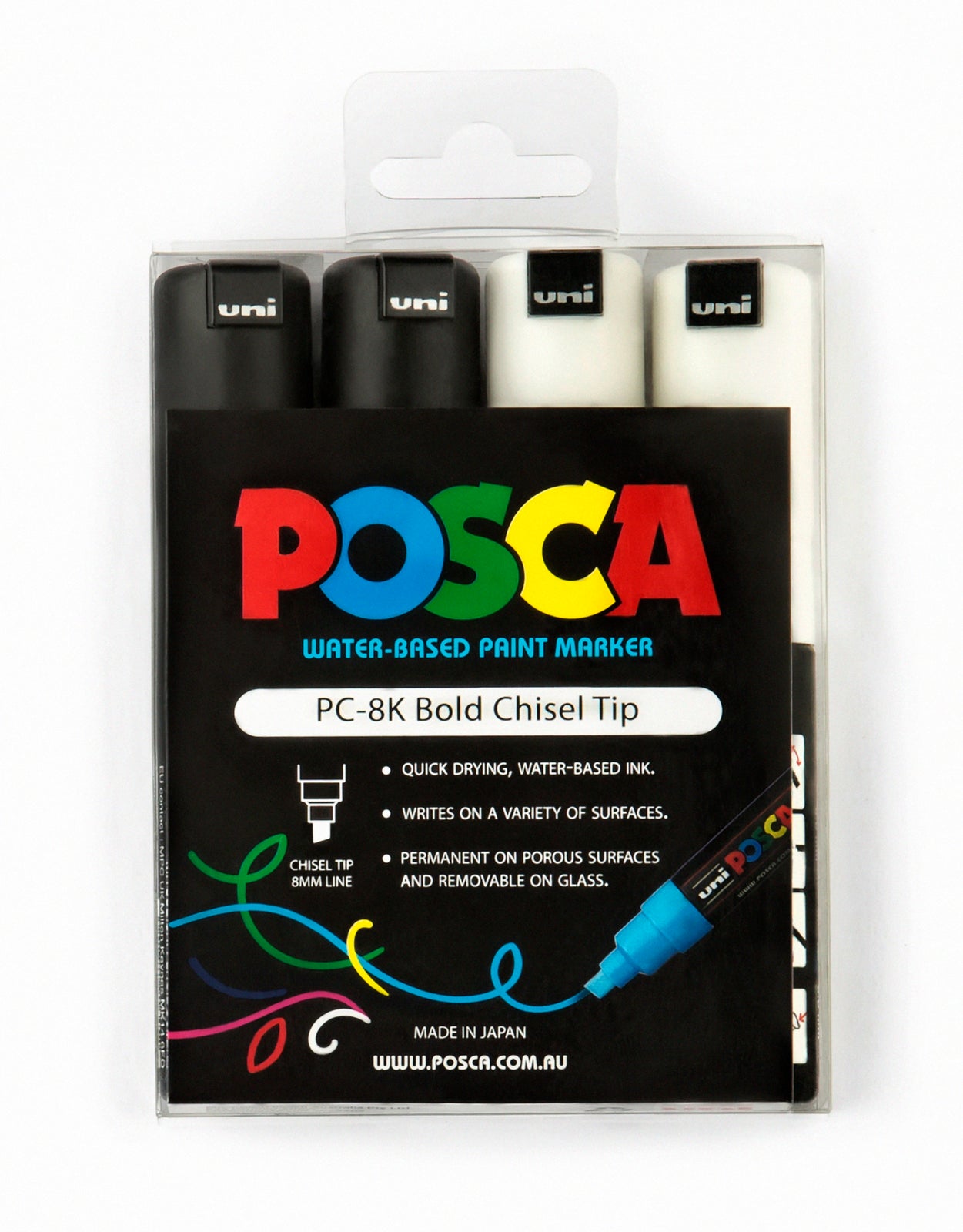 POSCA PC-8K Bold Chisel Tip 8.0mm line - Black and White 4 pack