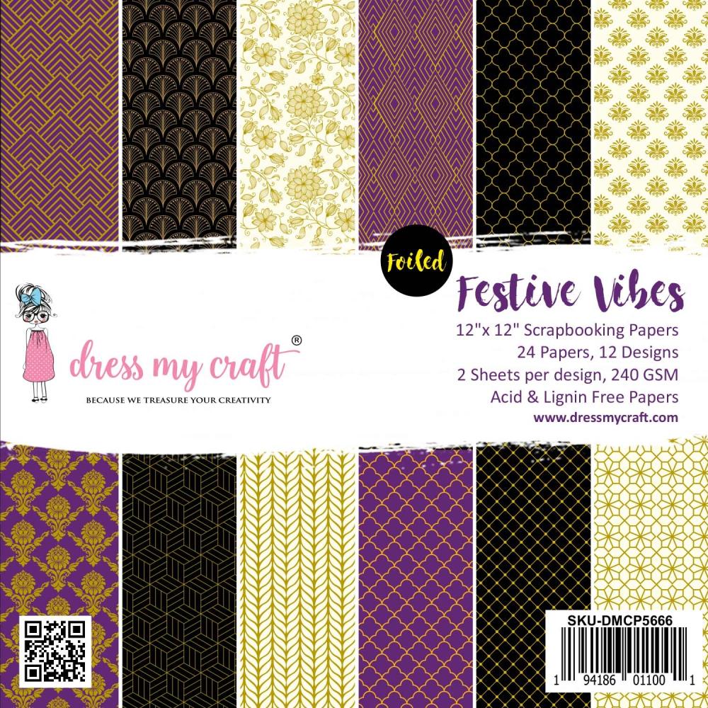 Dress My Craft Single-Sided Paper Pad 12X12 - Festive Vibes Foiled Designs - Crafty Divas