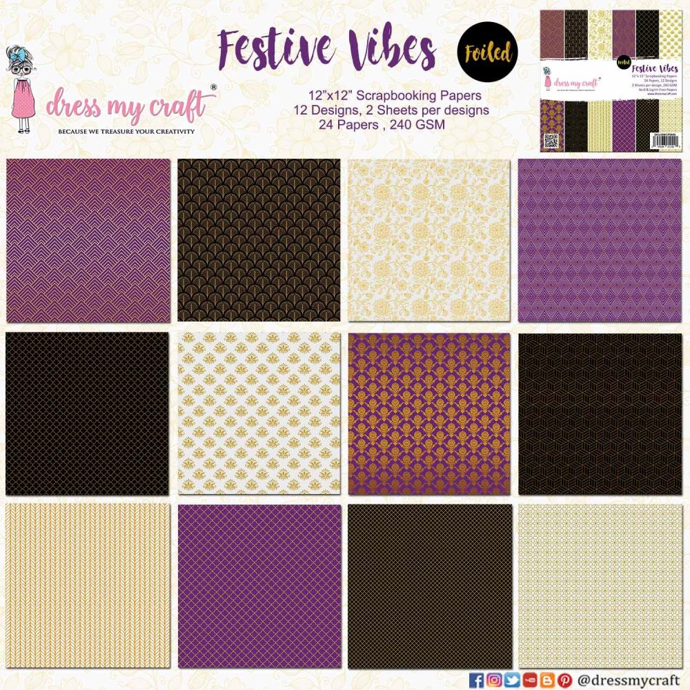 Dress My Craft Single-Sided Paper Pad 12X12 - Festive Vibes Foiled Designs - Crafty Divas