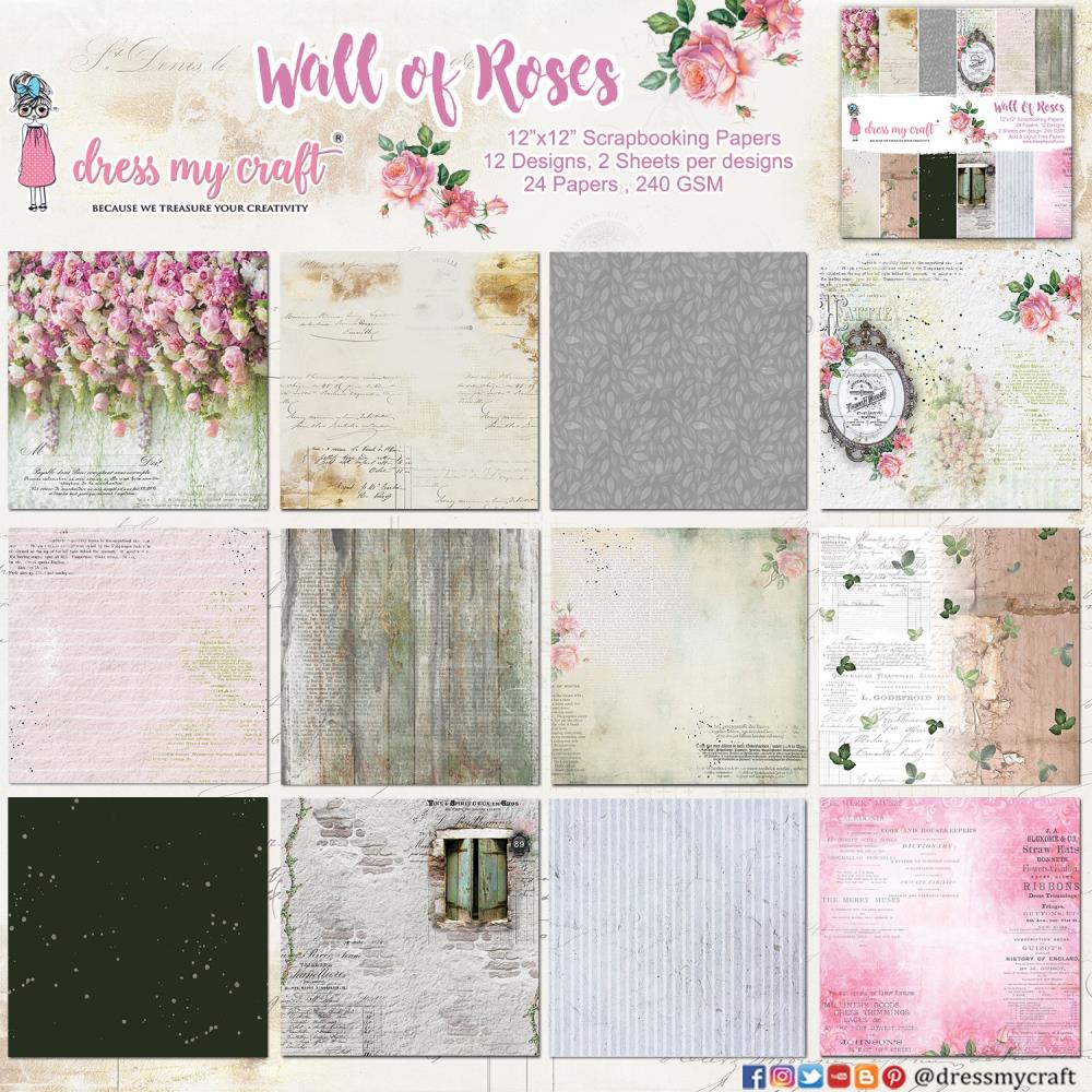 Dress My Craft Single-Sided Paper Pad 12X12 - Wall Of Roses - Crafty Divas