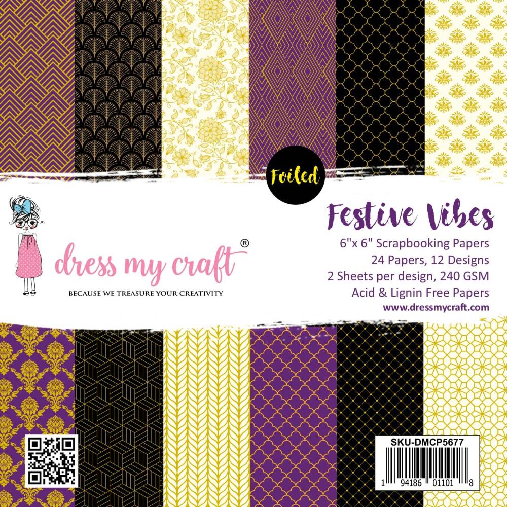 Dress My Craft Single-Sided Paper Pad 6X6 - Festive Vibes Foiled Designs - Crafty Divas